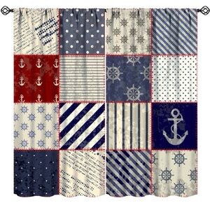 Nautical Patchwork Curtains Vintage Stripe Anchor Rudder Coastal Rustic Red Blue
